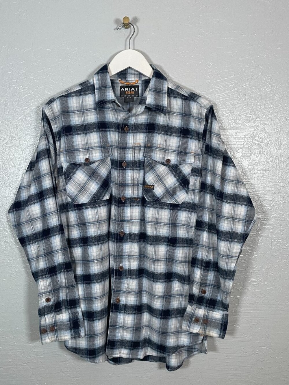 Ariat Rebar Men M Blue White Plaid Flannel DuraStretch Work Shirt Flex Tough